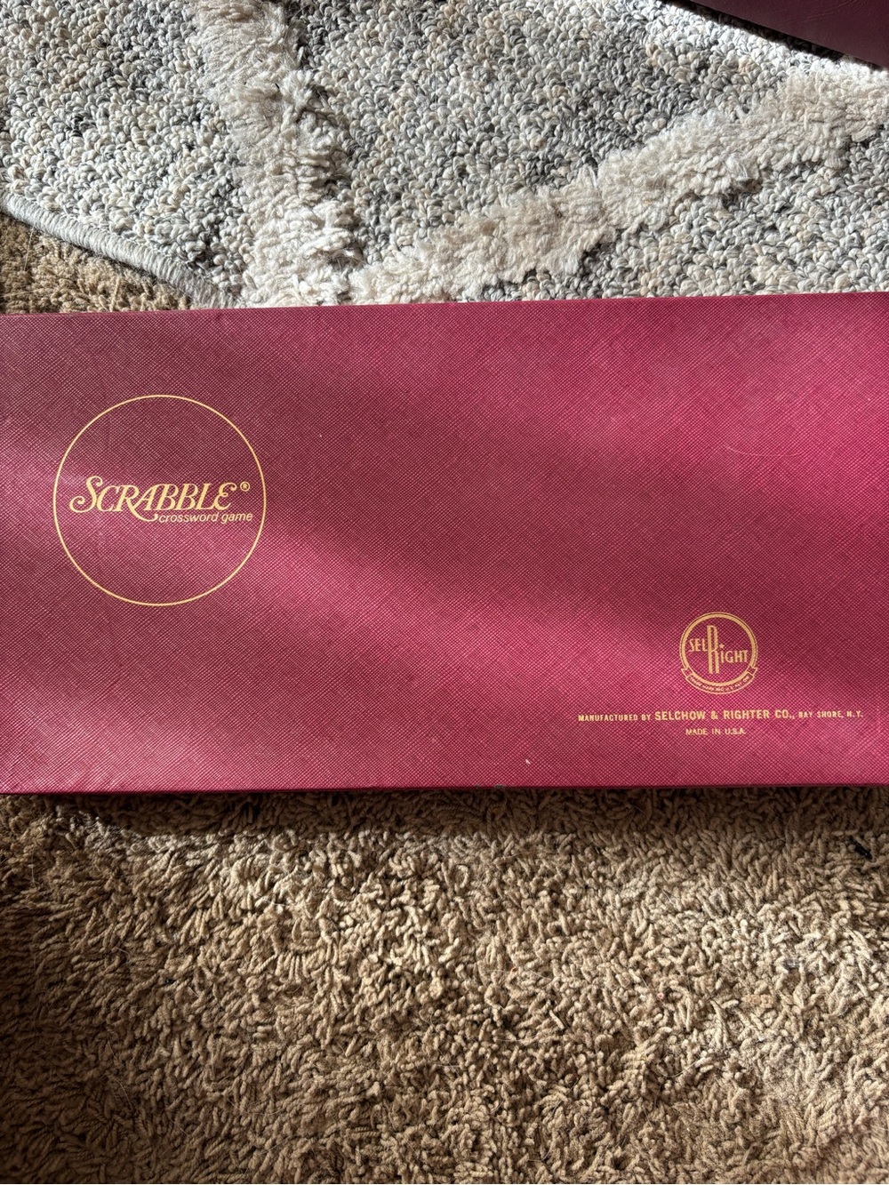 Scrabble Word Game Box in Burgundy with Gold Lettering all pieces are there